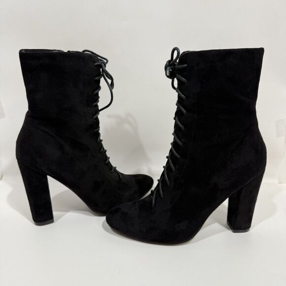 X2B Booties Woman 7 Lace Black Lace Up Block Heel Side Zipper Faux Suede - Picture 12 of 16